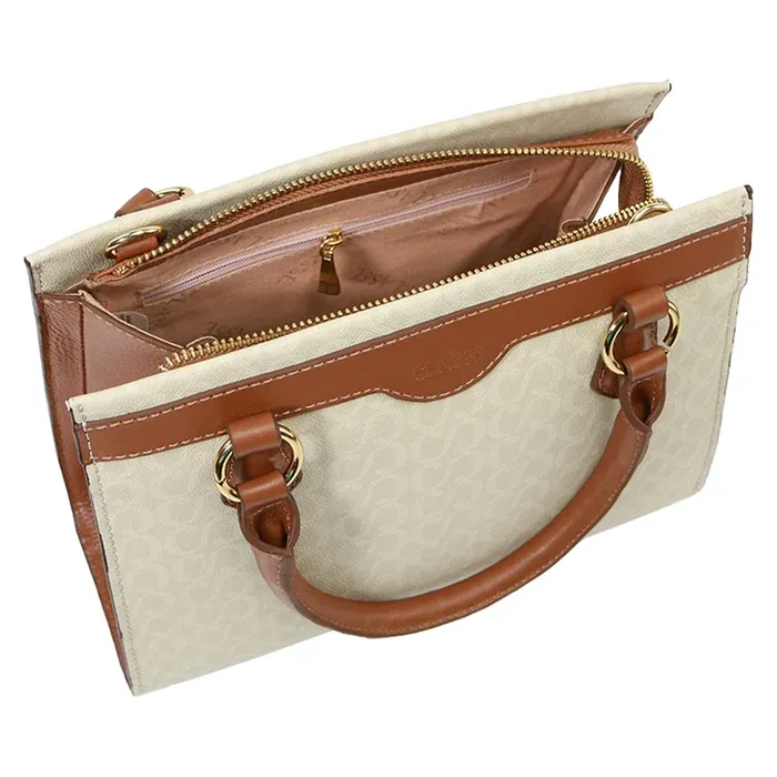Interior da bolsa creme Classe Couro aberto mostrando forro rosê e compartimentos